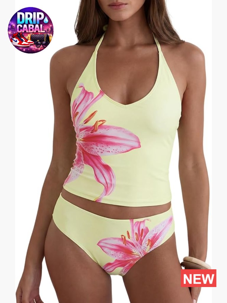 Floral Tankini Set Halter Neck Tummy Control Two Piece Bathing Suit Swimwear